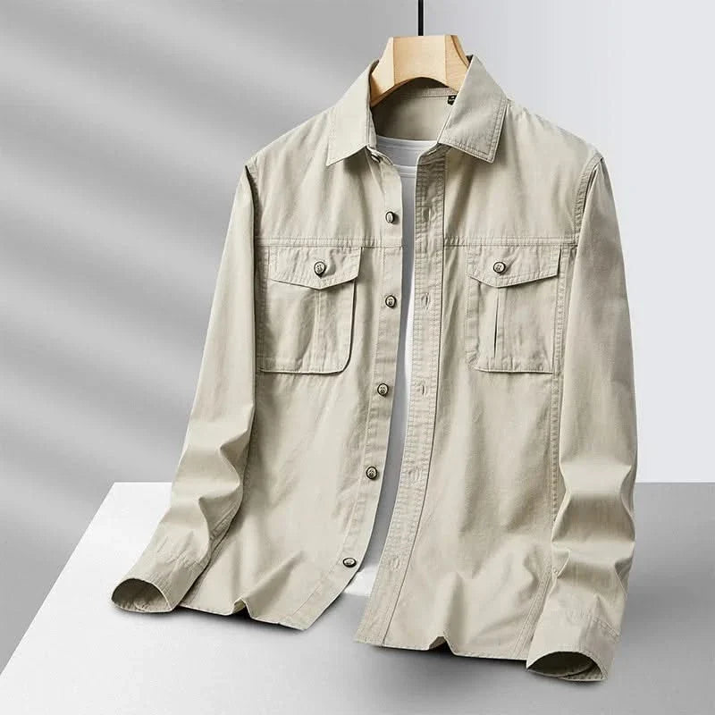 Beige canvas overshirt with button front and two chest pockets