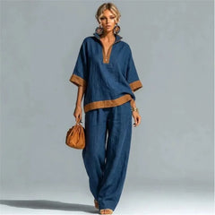 Women's linen-look co-ord set in navy blue: V-neck tunic top and wide-leg pants