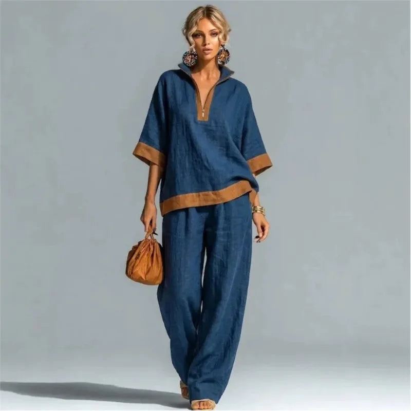 Women's linen-look co-ord set in navy blue: V-neck tunic top and wide-leg pants