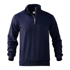 Navy quarter-zip sweatshirt with textured cable-knit front panel and ribbed cuffs