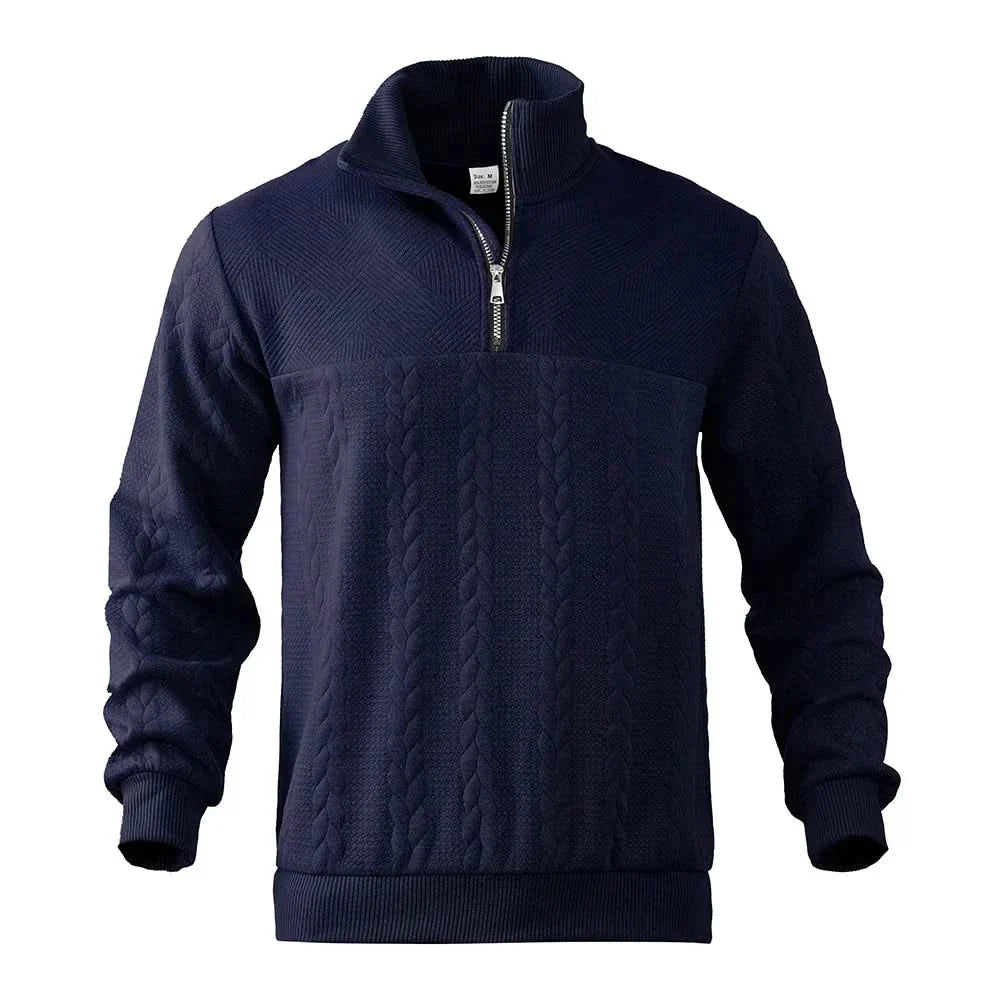 Navy quarter-zip sweatshirt with textured cable-knit front panel and ribbed cuffs