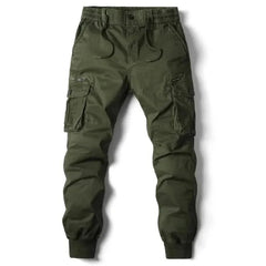 Army green cargo pants with drawstring waist, button fly, and side cargo pockets