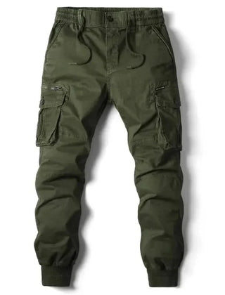 Army green cargo pants with drawstring waist, button fly, and side cargo pockets