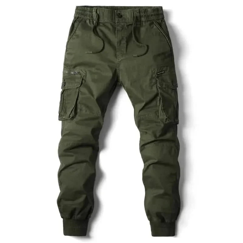 Army green cargo pants with drawstring waist, button fly, and side cargo pockets