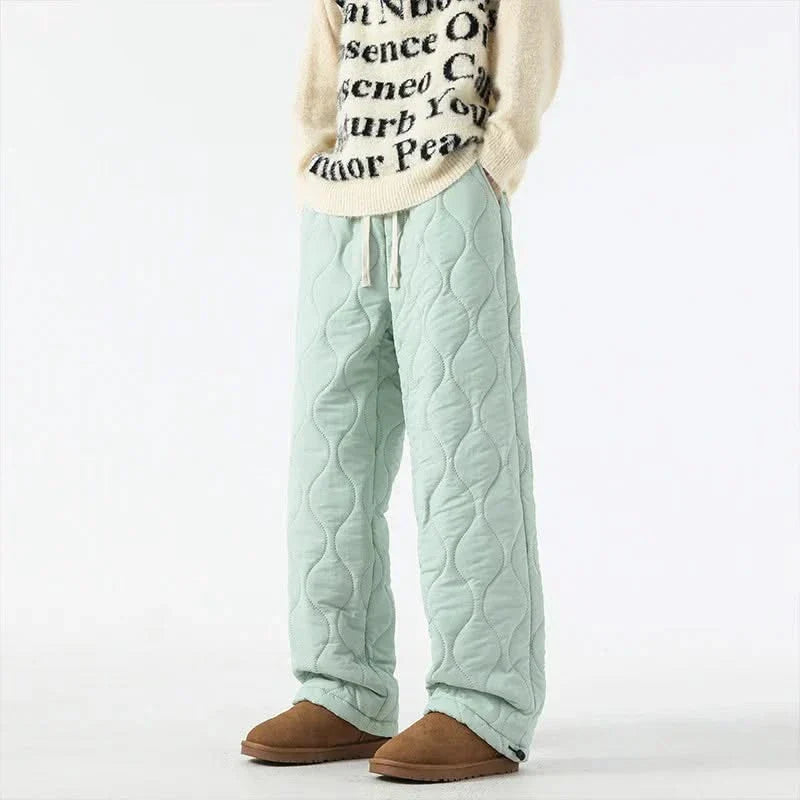 Light sage quilted jogger pants with sherpa-fleece cuff hems and drawstring waist
