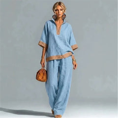 Women's linen-look co-ord set in light blue: V-neck tunic top and wide-leg pants