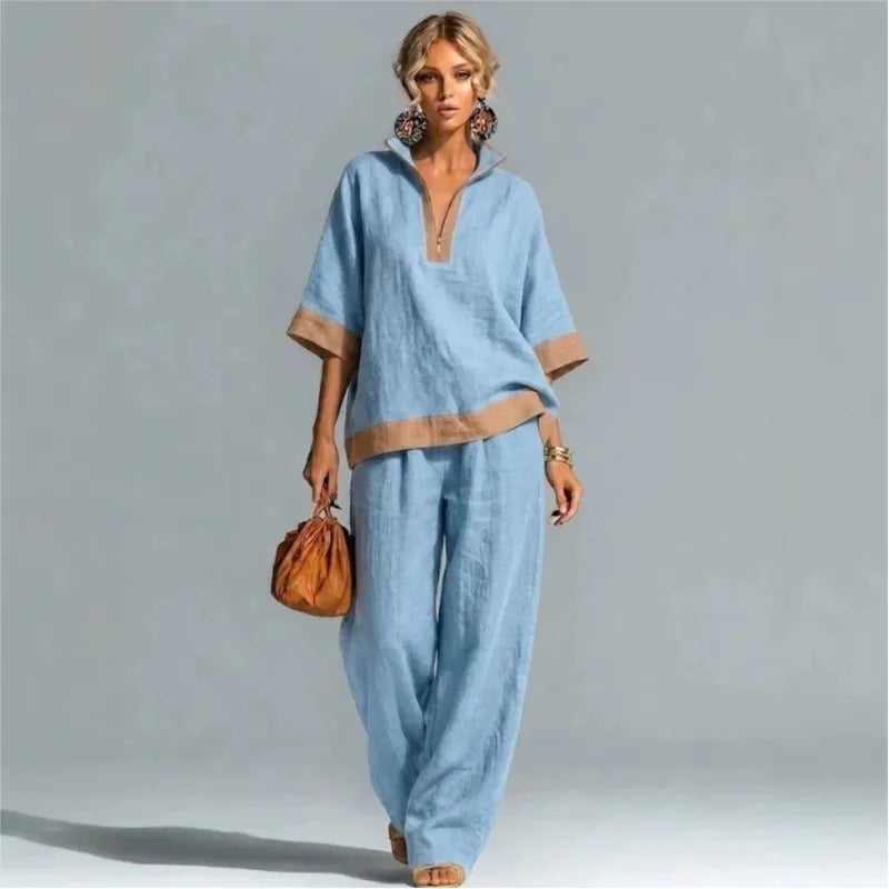 Women's linen-look co-ord set in light blue: V-neck tunic top and wide-leg pants