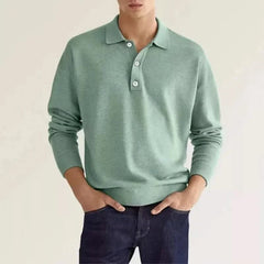 Light green wool polo shirt with long sleeves and button placket