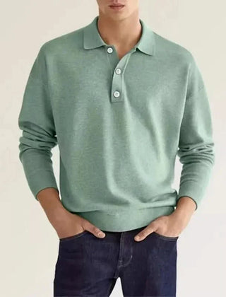 Light green wool polo shirt with long sleeves and button placket