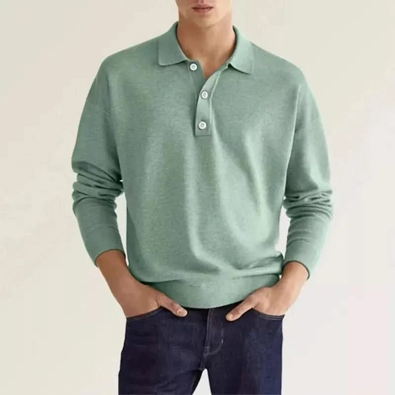 Light green wool polo shirt with long sleeves and button placket