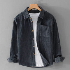 Navy corduroy button-up shirt with pointed collar and chest pocket