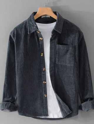 Navy corduroy button-up shirt with pointed collar and chest pocket