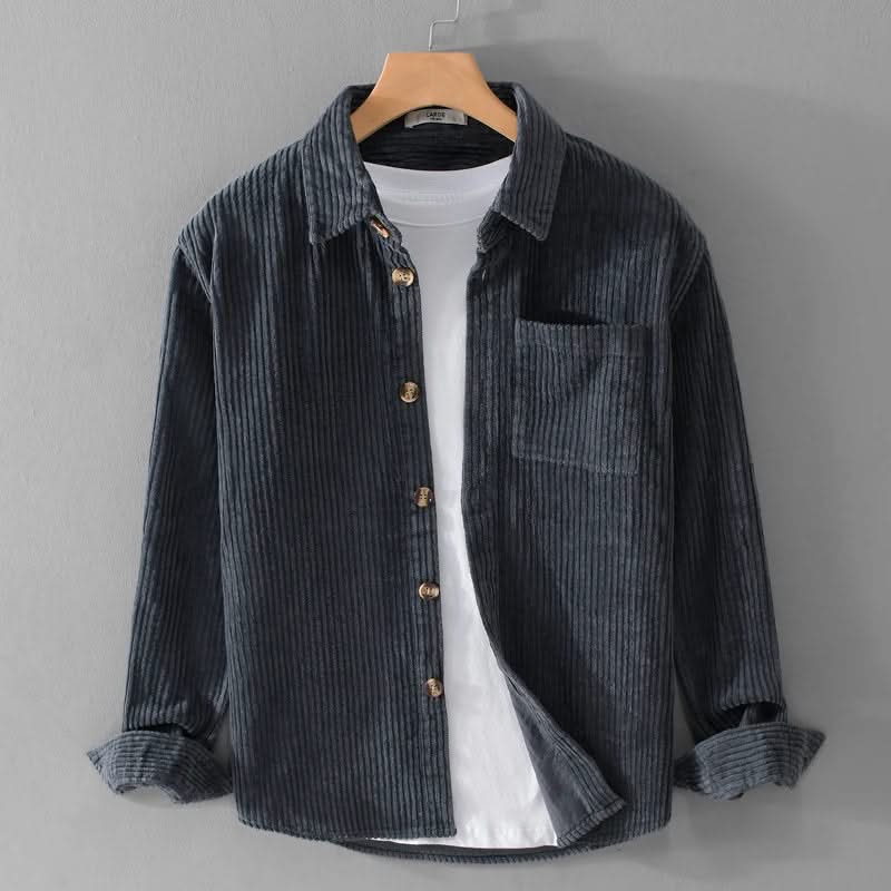 Navy corduroy button-up shirt with pointed collar and chest pocket
