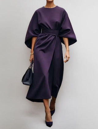 Satin-feel batwing sleeve maxi dress in purple, belted waist, draped side ruching