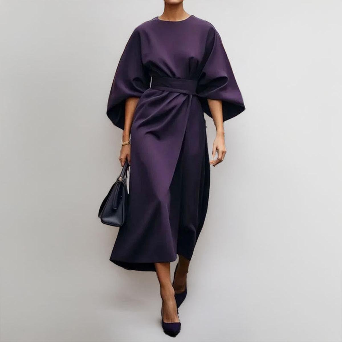 Satin-feel batwing sleeve maxi dress in purple, belted waist, draped side ruching