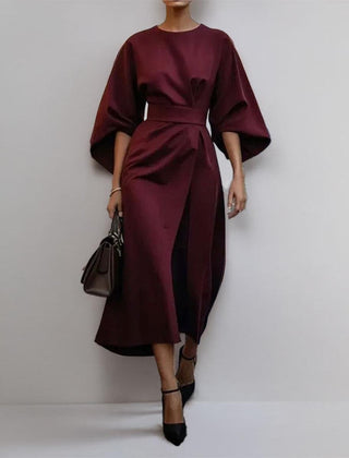 Satin-feel batwing sleeve maxi dress in deep claret, belted waist, draped skirt