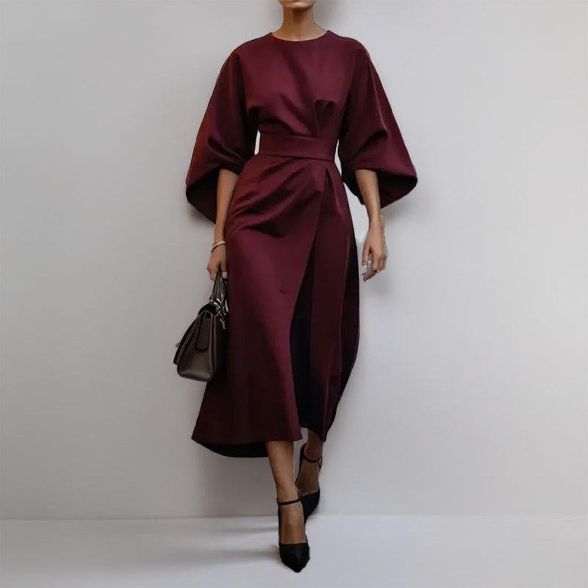 Satin-feel batwing sleeve maxi dress in deep claret, belted waist, draped skirt