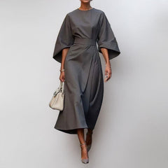 Satin-feel batwing sleeve maxi dress in gray, belted waist, draped midi skirt
