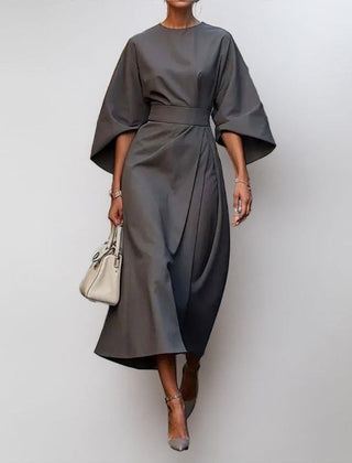 Satin-feel batwing sleeve maxi dress in gray, belted waist, draped midi skirt