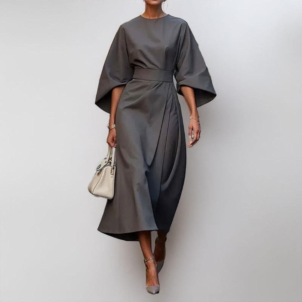 Satin-feel batwing sleeve maxi dress in gray, belted waist, draped midi skirt