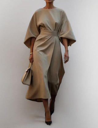 Satin-feel batwing sleeve maxi dress in khaki, belted waist, draped skirt
