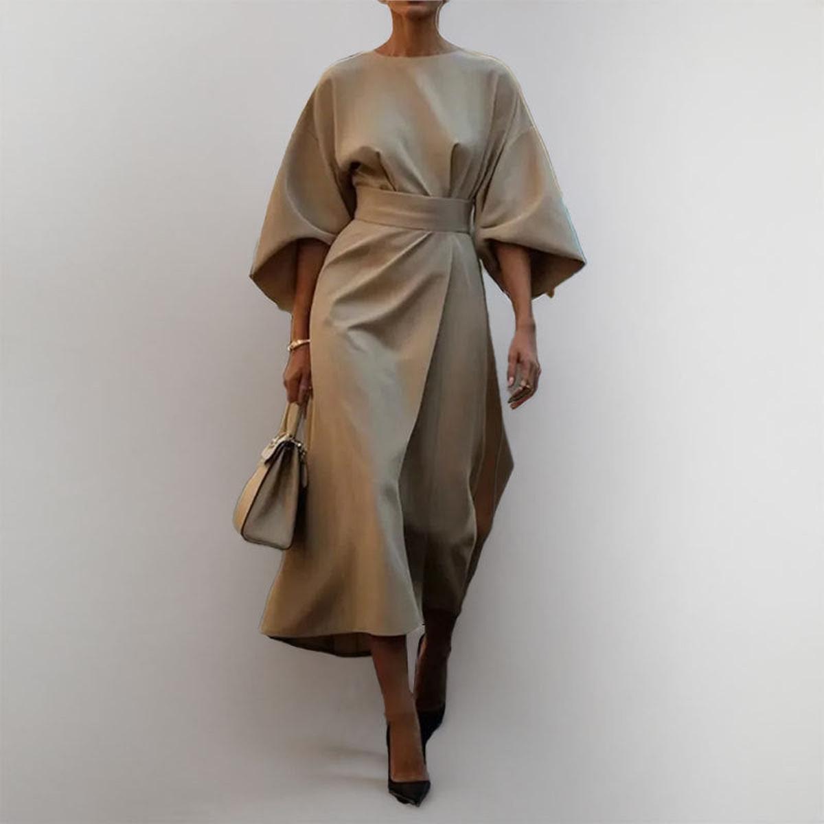Satin-feel batwing sleeve maxi dress in khaki, belted waist, draped skirt
