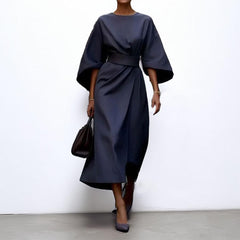 Satin-feel batwing sleeve maxi dress in navy blue, belted waist, draped skirt