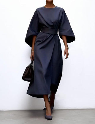 Satin-feel batwing sleeve maxi dress in navy blue, belted waist, draped skirt