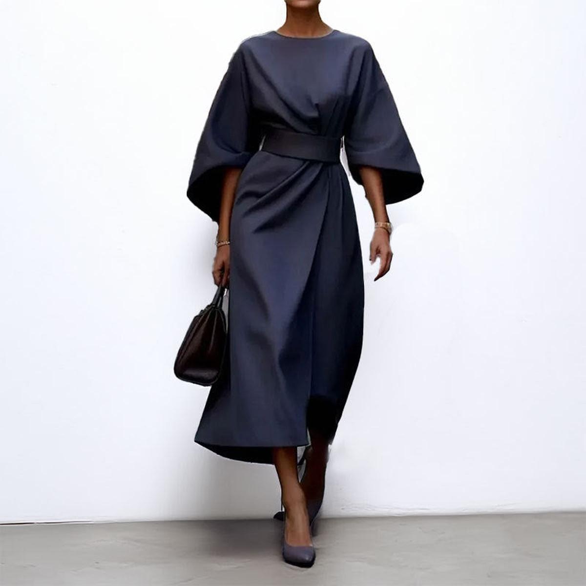 Satin-feel batwing sleeve maxi dress in navy blue, belted waist, draped skirt
