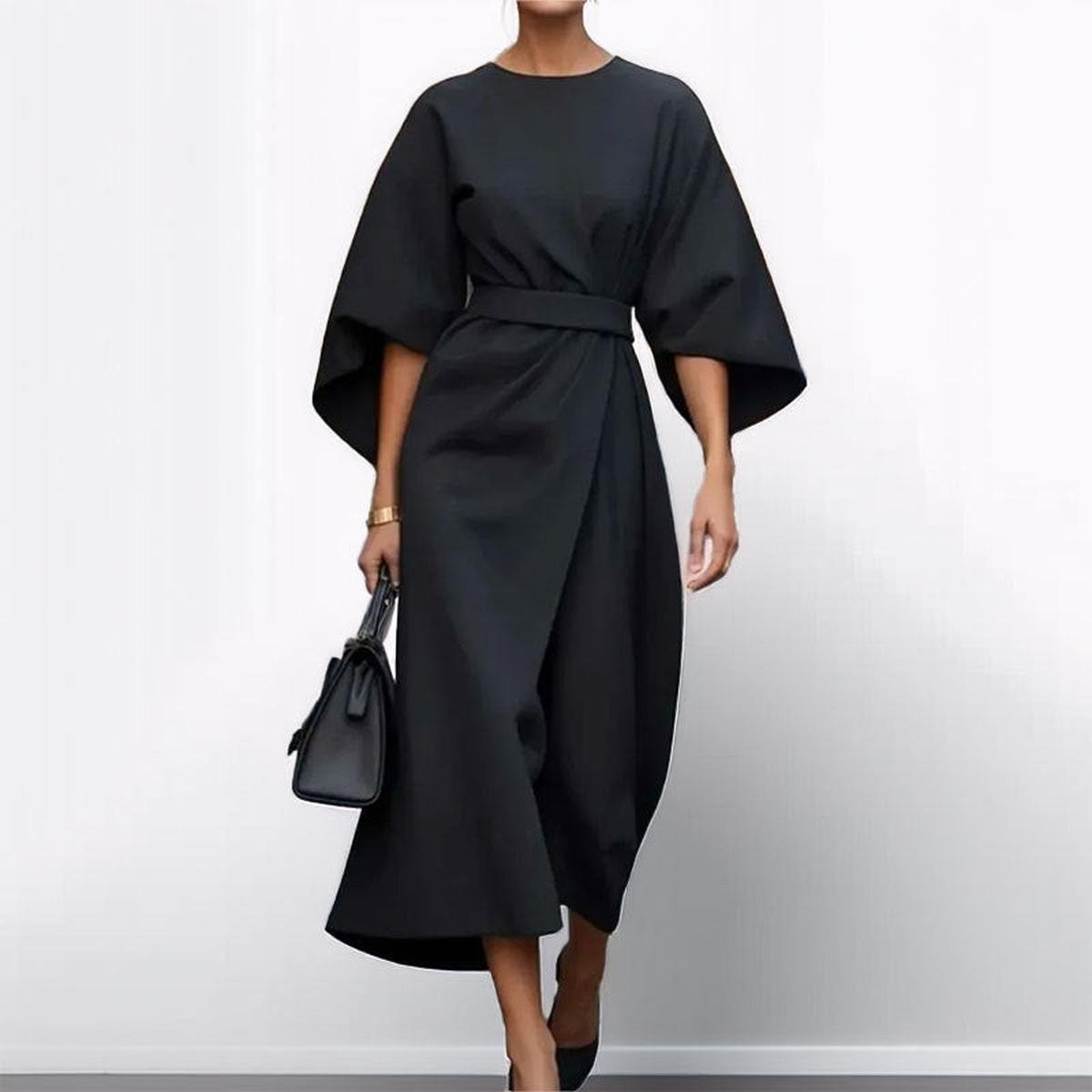 Satin-feel batwing sleeve maxi dress in black, belted waist, flowing draped skirt