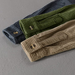 Corduroy shirt cuffs in green and beige with button detail