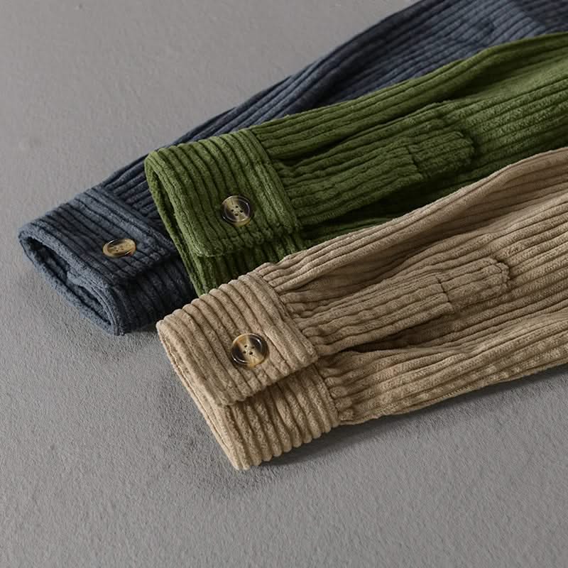 Corduroy shirt cuffs in green and beige with button detail