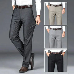Dress trousers shown in beige, gray, and black color options with belt.