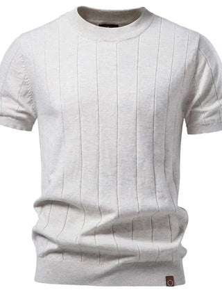 HARWICK premium tee, light gray crew-neck with vertical stripe texture and ribbed hem