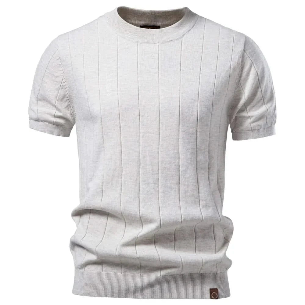 HARWICK premium tee, light gray crew-neck with vertical stripe texture and ribbed hem