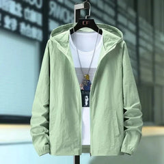 Hooded summer jacket in sage green, front view with zipper and elastic cuffs