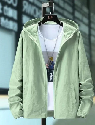 Hooded summer jacket in sage green, front view with zipper and elastic cuffs