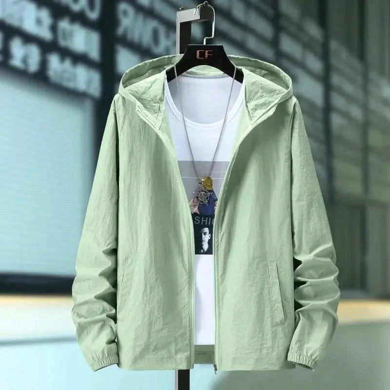 Hooded summer jacket in sage green, front view with zipper and elastic cuffs