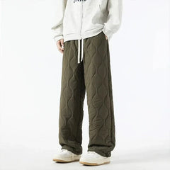 Olive quilted pants with raised oval texture, drawstring waist and wide legs.