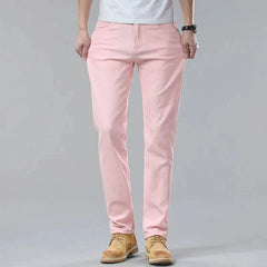 Pink denim jeans, straight-leg fit with belt loops and five-pocket styling