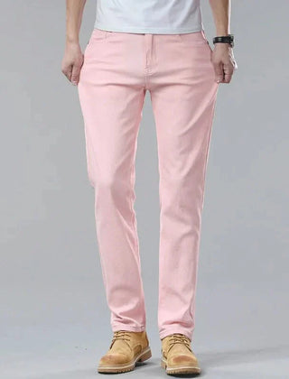 Pink denim jeans, straight-leg fit with belt loops and five-pocket styling