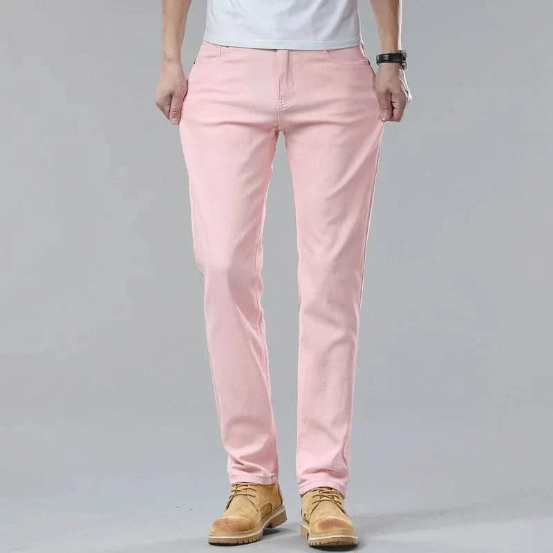 Pink denim jeans, straight-leg fit with belt loops and five-pocket styling