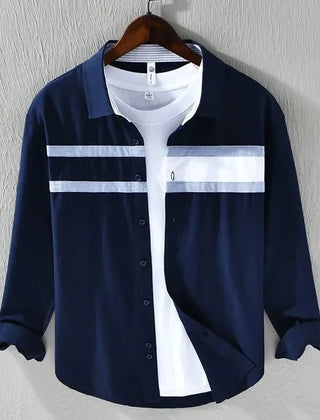 Navy panel button-up shirt with white chest yoke and dark stripe bands, long sleeves