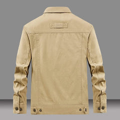 Tan utility jacket back view with stitched yoke and buttoned hem tabs