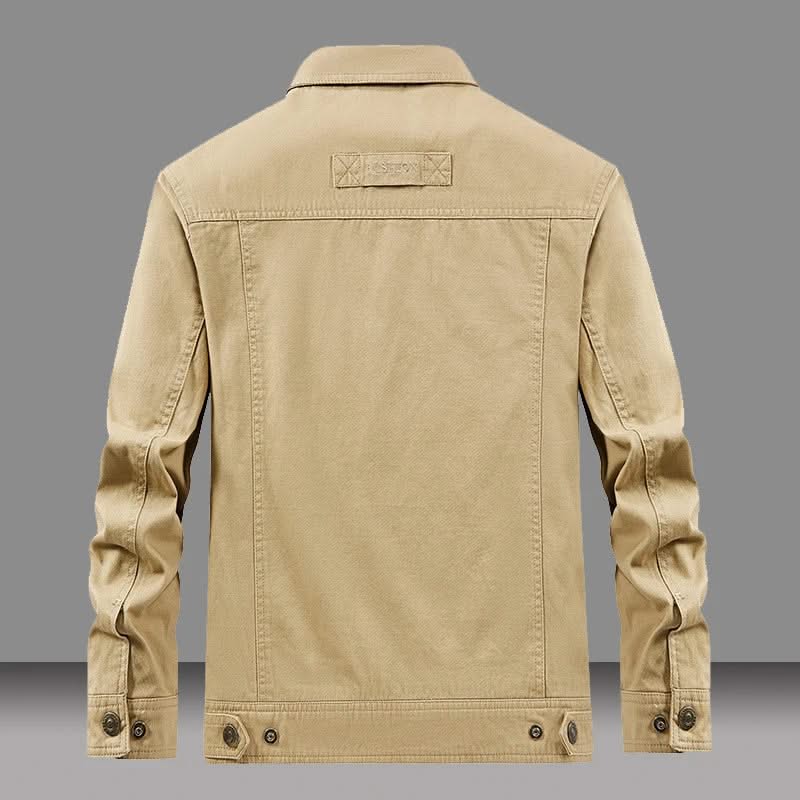 Tan utility jacket back view with stitched yoke and buttoned hem tabs