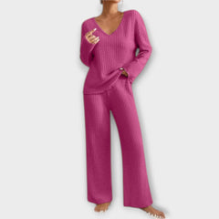 Pink ribbed knit two-piece set, V-neck long-sleeve top and wide-leg pants