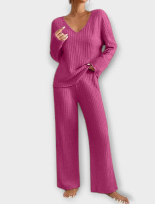 Pink ribbed knit two-piece set, V-neck long-sleeve top and wide-leg pants