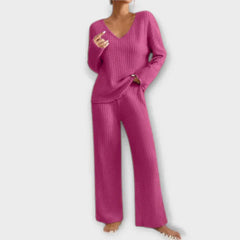 Pink ribbed knit loungewear set with V-neck long sleeves and wide-leg pants