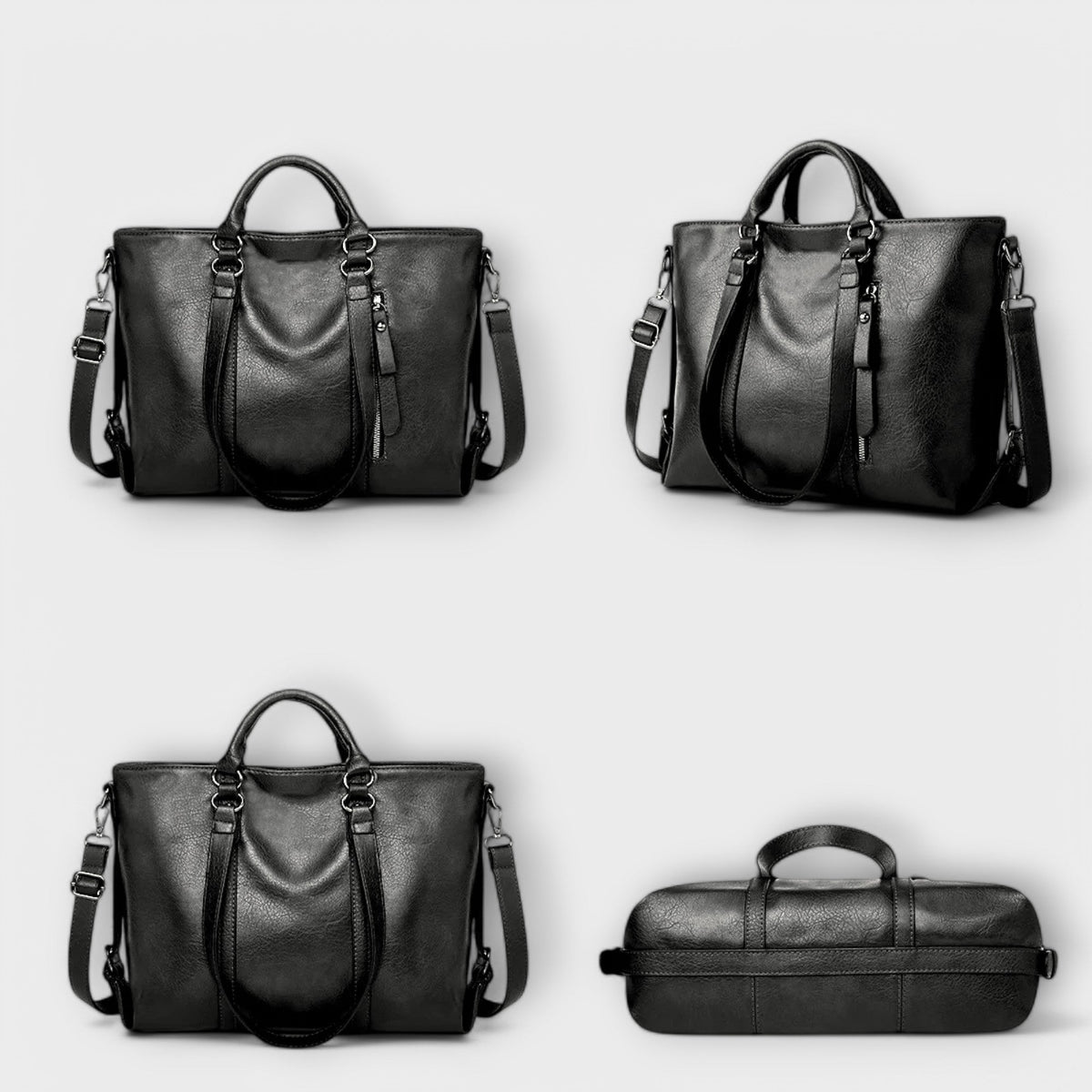 Black leather handbag shown from multiple angles with top handles and side straps