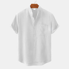Short-sleeve button-up shirt in white with front placket and chest pocket